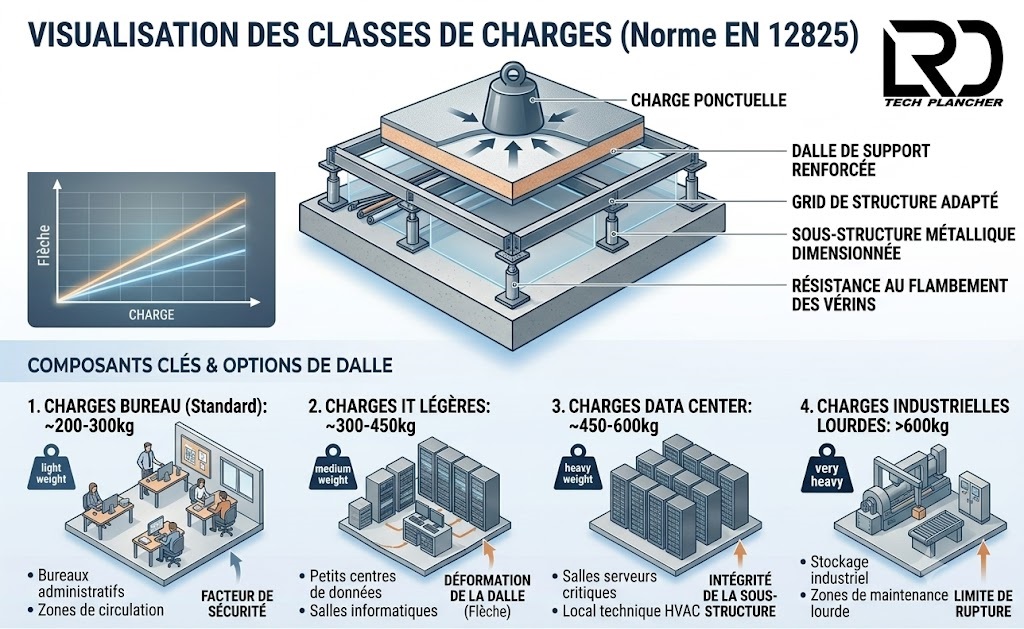 Graphique des classes de charges pour faux plancher technique selon la norme EN 12825